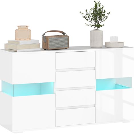 Credenza Moderna con LED Regolabile con Telecomando, 4 Cassetti e 2 Armadietti, 120x34x70 cm, Bianco