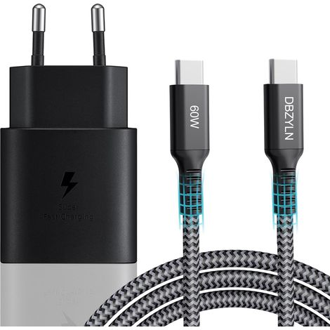 USB C Chargeur 25W Charge Rapide avec Câble pour Samsung Galaxy S24,S23,S22,S21,S20,S10,Z Fold Flip 3/4/ 5,A13,A14,A23,A33,A34,A54,A53, Tab S8, Adaptateur Secteur Prise pour iPhone 15 Plus (Noir) (1/5)