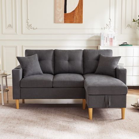 Canapé moderne en L 3 places avec chaise longue,rangement et porte-gobelets,2 coussins. Pour salon,bureau,appartement. Vidéo disponible.-Go