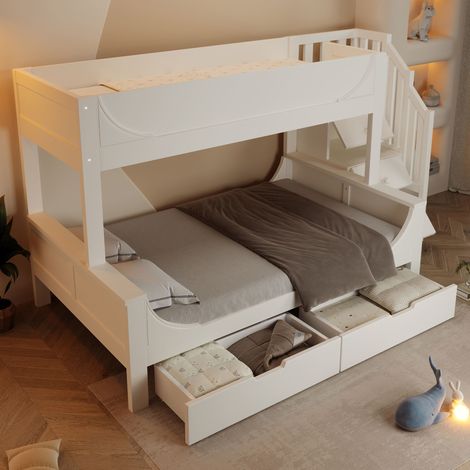 Lit superposé 90x200 + 140x200 cm, sommier à lattes inclus, escalier avec rangements et tiroirs, garde-corps, blanc, sans matelas (1/5)