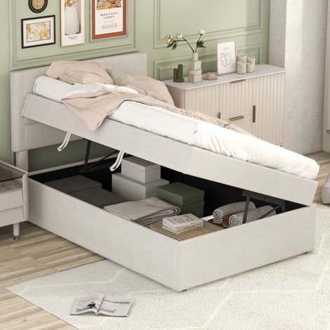 Cama individual 90x200 cm beige en lino y MDF con somier metálico y almacenamiento (1/5)