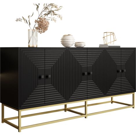 Meuble de rangement moderne noir à 3 double portes, grand espace de stockage, finition mate et pieds métal, pour salon, salle à manger ou bureau CHICFURN