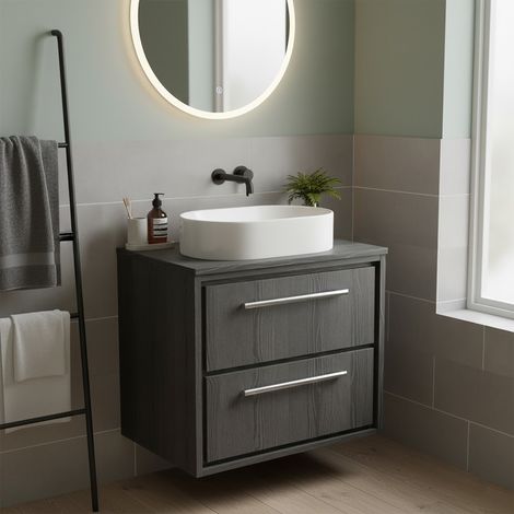 Hudson Reed Lille Wall Hung 2-Drawer Vanity Unit with Worktop 600mm Wide - Graphite Grey Woodgrain