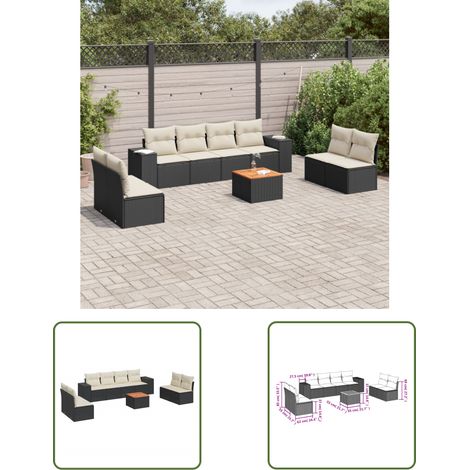 The Living Store 9-tlg. Garten-Sofagarnitur mit Kissen Schwarz Poly Rattan - Gartenmöbel - Outdoor Möbel - Rattan Gartenset - Lounge Set - Esstisch