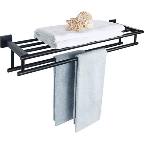 1 Porte-serviettes Double Barre, Étagère Acier Inoxydable, Finition Noir Mat, Pour Salle de Bain Cuisine (1/5)