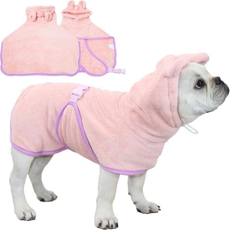 Peignoir pour chien et chat, absorbant, séchage rapide, capuche, col et sangle ajustables (rose, grande taille) (1/5)