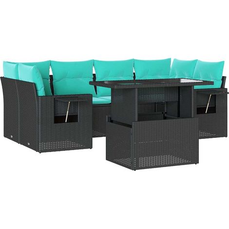 7-teiliges Gartensofa-Set mit Kissen, schwarzes Polyrattan vidaXL (1/5)