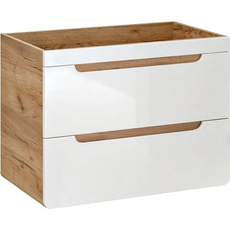 Möbelwaschtisch ERBANO – Helles Eichenholz und glänzendes Weiß – 80x59 cm – 2 Schubladen – Zum Aufhängen