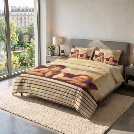 Parure Housse de Couette pour lit 2 Personnes 100% Coton, fabriquée en Italie, 250 × 200 cm avec Double Rabat 50 cm + 2 taies d'oreiller 50 × 80 cm avec Rabat Interne, Impression (1/5)