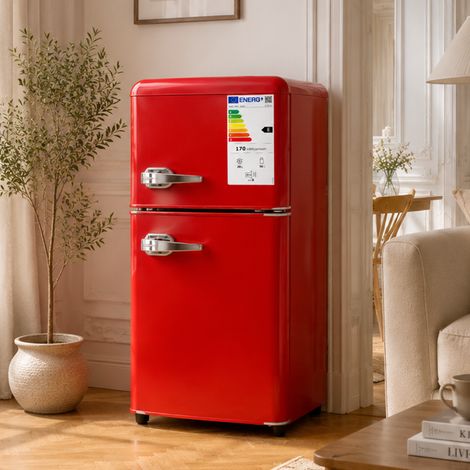 Réfrigérateur 2 portes 86 L, 56 L réfrigérateur + 30 L congélateur, contrôle de température 7 niveaux, classe énergétique E, LED, étagères réglables, rouge