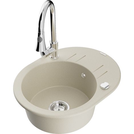 Mexen Kevin 1 Becken-Granitspüle mit Abtropffläche und Mischbatterie Elia, Beige - 6517-69-670101-00 (1/5)
