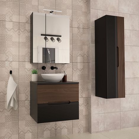 Conjunto de muebles con lavabo individual 60cm y columna Sylla Negro y madera (1/4)