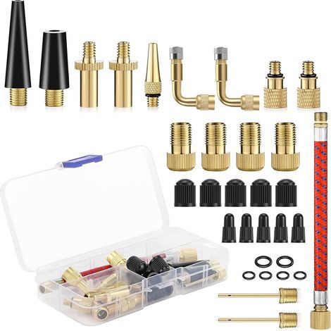 32 Pièces Embout Pompe Velo Gonfleur Ballon, Adaptateur de Valve avec Tuyau de Gonflage, pour Vélo, DV SV AV Adaptateur Pompe Velo avec Boîte de Rangement, Pompe à Vélo et Compresseurs Pompes (1/5)
