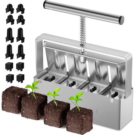 Blocco per terreno da 2 pollici a 4 celle, blocco per terreno migliorato, impugnatura ergonomica e 3 misure di perni per semi, strumento manuale per bloccare il terreno per avviare la germinazione dei (1/5)