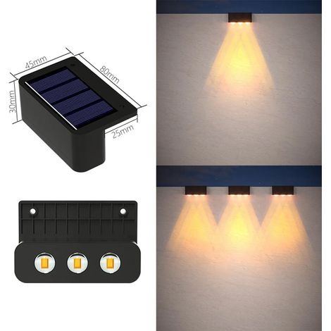 (1 lampe - 3 LED jaunes) Lampe solaire d'extérieur à 3 LED, étanche, pour escalier, mur, balcon, éclairage décoratif compatible, éclairage de cour, lampe à énergie solaire (1/5)
