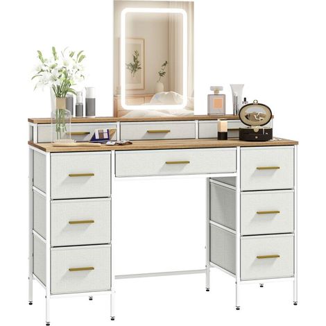 Coiffeuse avec miroir et lumières LED 3 couleurs, table de maquillage 10 tiroirs en tissu, 118,5 x 39,5 x 140 cm naturel