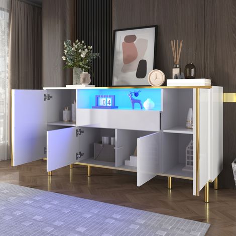 DESMIU Buffet et enfilade 4 portes 1 tiroir 1 niche LED pour salon blanc 150 × 40 × 80 cm (1/4)