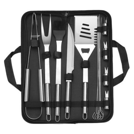 Set d'ustensiles de barbecue 10 pièces en acier inoxydable – Pince, spatule, fourchette, brosse, couteau, brochettes – Sac de transport inclus (1/5)