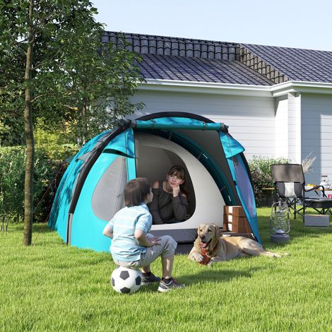 Tente de camping 3 personnes avec chambre et véranda, imperméable 3000 mm, sac de transport inclus, bleue (1/5)