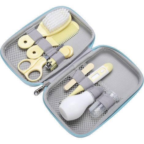 Kit de soin pour bébé 8 pièces : coupe-ongles, ciseaux, brosse à cheveux et peigne en jaune (1/5)