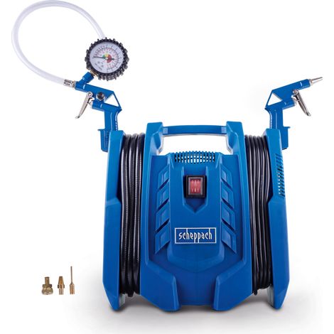 [JAMAIS UTILISE] Scheppach Compresseur portatif Airforce 7 éléctrique - Pression 8 bars – Débit 180 l/min – Gonflage pneus voiture et vélo – Tuyau de 4m - Compact et léger
