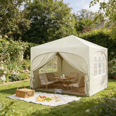 Tonnelle pergola pliante 3x3 avec parois beige OKMYHOME (1/5)