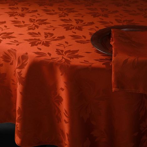 Nappe ronde 180 cm Orange Jacquard Fleurs lavable déperlante
