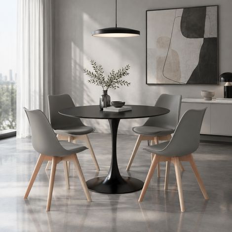 Ensemble Table Ronde 100 cm + 4 Chaises Noir, Style Scandinave Moderne, chaises grises (1/4)
