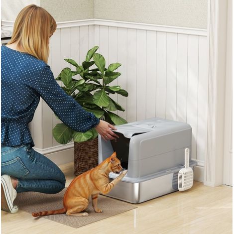 OKMYHOME Katzentoilette aus Edelstahl mit Deckel, Filter und Schaufel, grau (1/5)