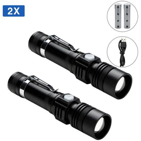2x Torche Lampe de Poche, LED USB Rechargeable Ultra Puissante CREE Lampe Torche, 4 Modes IP44 Étanche Militaire Zoomable pour Camping Randonnée(18650 Pile Rechargeable Incluse) (1/4)