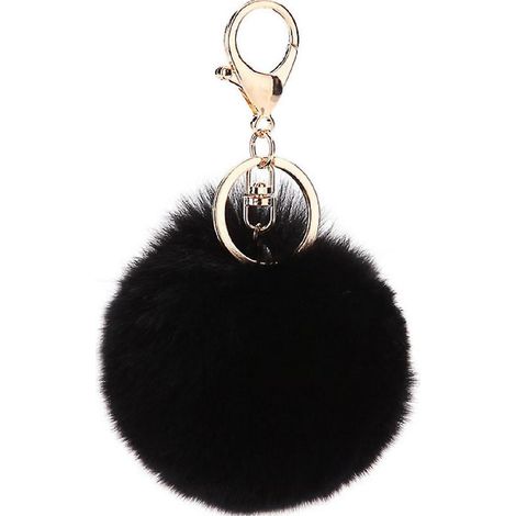 Porte-clés pompon en véritables poils de lapin doux au toucher (noir) (1/5)