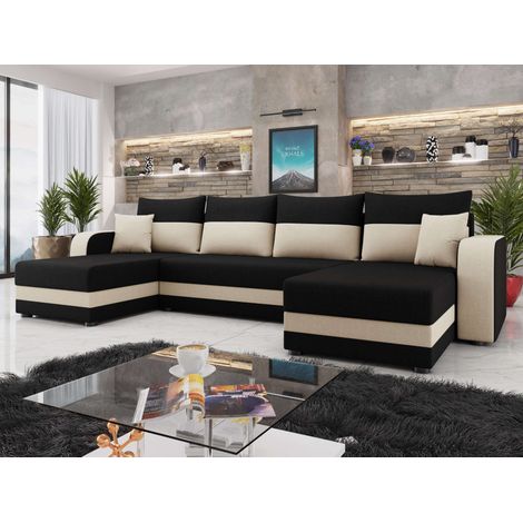 Bestmobilier – Canapé panoramique convertible 7 places avec coffre – Tissu bicolore noir/beige – Dossier rabattable – Dimensions 313x127x80 cm