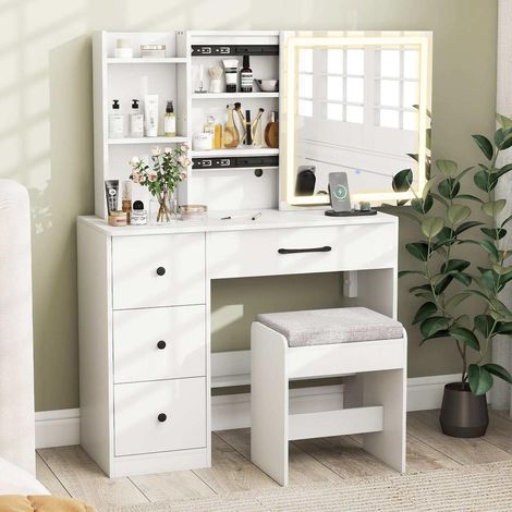 Pour Routine Beauté Rangement Facile Coiffeuse avec Miroir Coulissant LED 3 Couleurs Tabouret Prises USB (1/4)