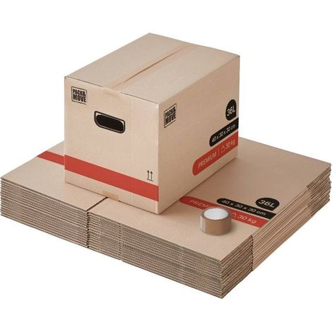 Pack and Move - Lot 20 Cartons Déménagement Livres Premium - 40 X 30 X 30 Cm - Extrême Résistance 20 KG - Poignées Renforcées - 1 Adhésif Offert