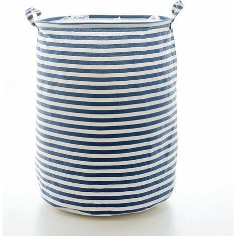 Panier à linge sale en coton et lin, panier de rangement imperméable et multifonctionnel, seau à linge à rayures bleues (1/5)