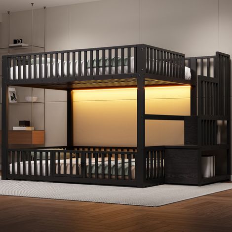 Lit Superposé 140x200 cm avec LED, Lit Coffre 2 Places avec Rangements, Lit Enfant Métal avec échelle et Balustrade - Noir - BATDTECH (1/5)