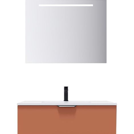 Meuble de salle de bain suspendu vasque intégrée 90cm 1 tiroir Terracotta + miroir - Soho (1/5)
