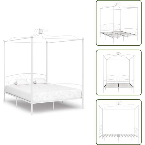 Cadre de lit à baldaquin sans matelas blanc métal 180x200 cm - Cadre De Lit - Lit Double - Lit Metal - Lit Baldaquin - Literie (1/5)