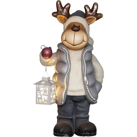 Weihnachtsdekoration, Rentier mit Laterne, LED, batteriebetrieben, 25,5 x 19,5 x 52 cm