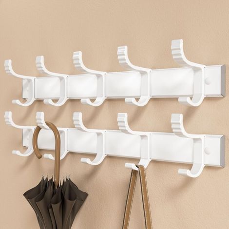 Coat Rack, Coat Hook, Wall Hook: Five Removable Hooks, Wall Mount or Adhesive - Heavy Duty White Coat Hanger for Jackets and Coats, Set of Two (1/5)