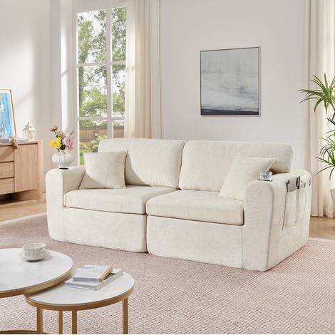 Sofá relax de 2 plazas beige en chenilla con USB, bolsillo lateral, portavasos y cojines (1/5)