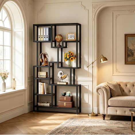 Librería asimétrica de 7 niveles 100 x 30 x 180 cm en metal y madera HAVRYA (1/5)