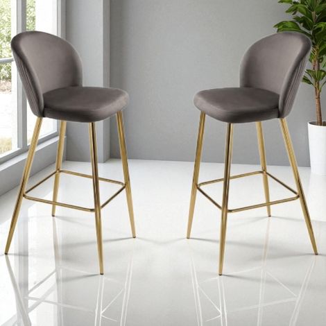 Sgabello in velluto Grigio con struttura in metallo Oro MEGAN 2 pezzi (1/5)