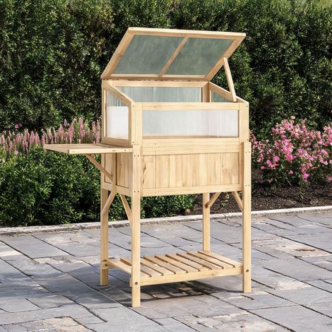 Jardinière surélevée en bois avec serre et table pliante 104 x (1/5)