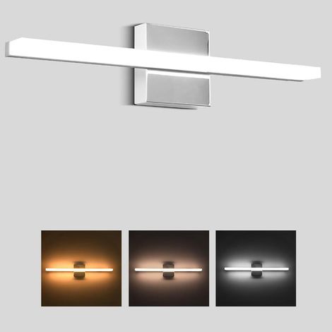 AUTRUCKER Applique murale LED pour salle de bain, luminaire rectangulaire à placer devant le miroir, argenté, 60 cm, 12 W, lumière tricolore. (1/5)