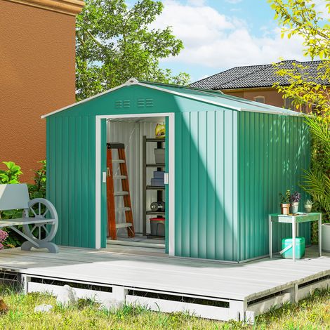Vert foncé - Abri de jardin acier galvanisé 5 m², kit fondation, aérations, toit pente, porte double verrouillable, rangement outils