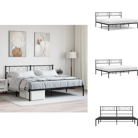 Cadre de lit métal sans matelas et tête de lit noir 180x200 cm - Cadre De Lit Metal - Lit Double - Lit Noir - Lit Avec Rangement - Sommier Plateforme (1/5)