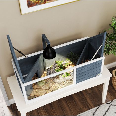Maison pour tortues en bois gris 120 x 50 x 40 cm avec couvercle ouvrant et support de lampe (1/5)