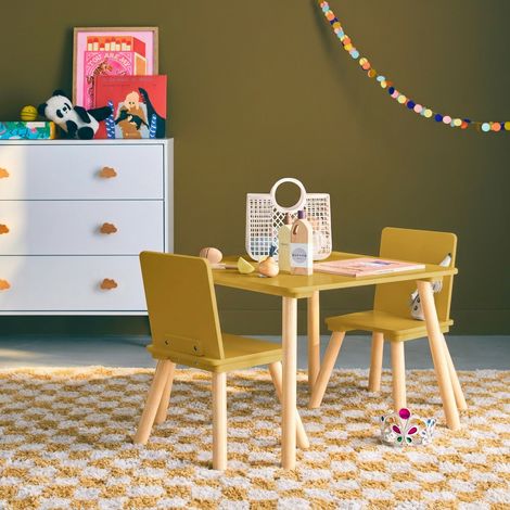 Table carrée enfant bois de pin 2 assises jaune - Judith (1/4)