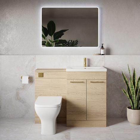 Napoli 390 Light Oak 1100mm 2 Door Vanity Unit Toilet Suite with Glide Basin - 1100mm - Brushed Brass 160mm HandleWith Kingston Toilet Pan and Seat
